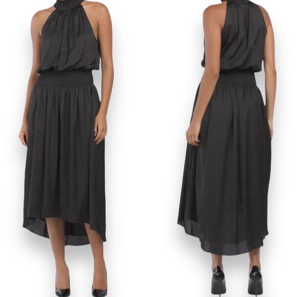 NWT RAMY BROOK DRESS MIDI BLACK BELLE HALTER HI LOW BLOUSON SILKY STRETCHY CHIC - Picture 1 of 9